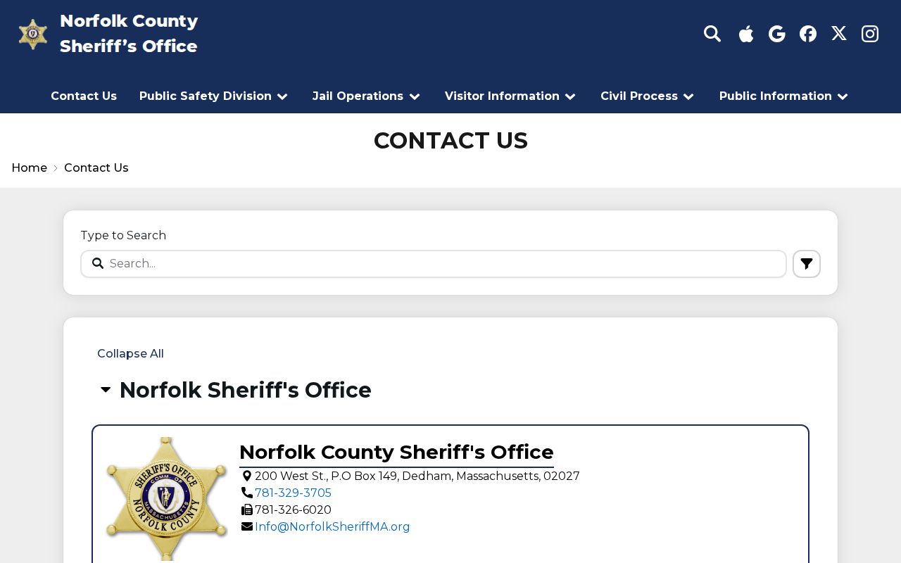 Norfolk County arrest warrant service and the Sheriff contact page