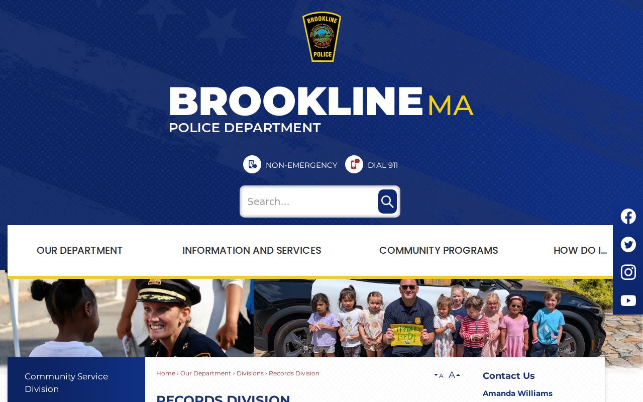 Brookline Police Records Division page for Brookline warrant records questions