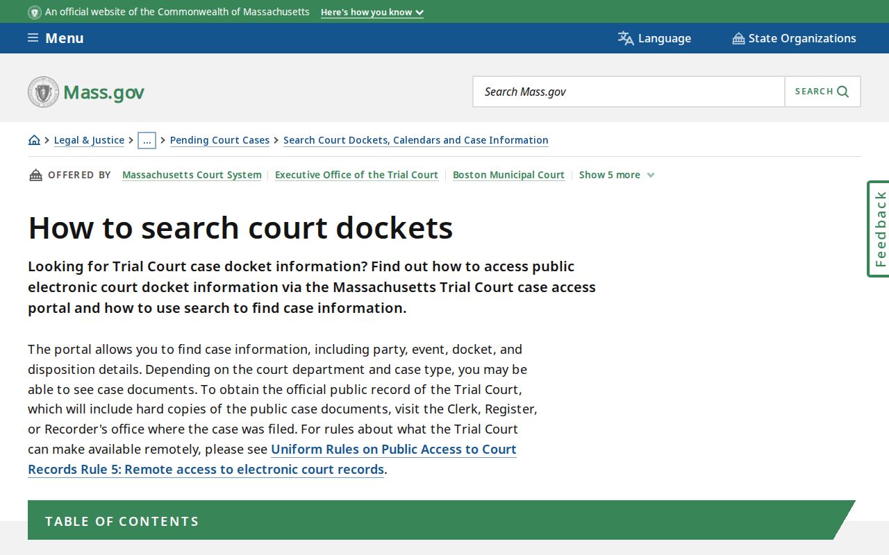 Massachusetts court docket search instructions used in a Quincy warrant search